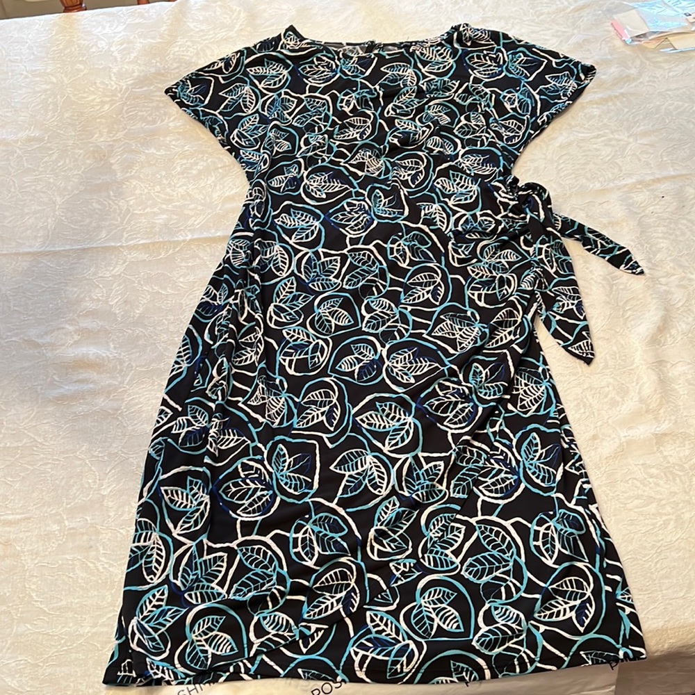 Sami & Jo Faux Wrap Dress Blue and Green Leaves on Black Background Sz S